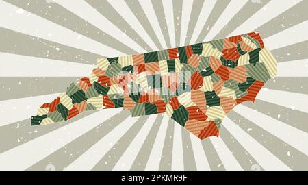 Carte vintage de Caroline du Nord. Affiche grunge avec carte de l'état américain dans la palette de couleurs rétro. Forme de Caroline du Nord avec fond de rayons de soleil. Illustration de Vecteur