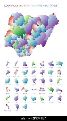 Régions nigérianes à faible teneur en poly. Carte polygonale du Nigéria avec les régions. Cartes géométriques pour votre conception. Illustration vectorielle froide. Illustration de Vecteur