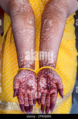 décoré à la main avec un magnifique tatouage au henné ou de l'art mehndi à l'angle plat Banque D'Images