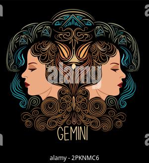 Gemini Zodiac signe belles filles dessin à la main art. Illustration de Vecteur