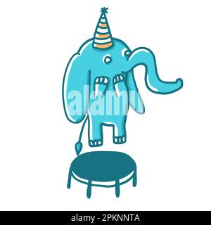 Joyeux éléphant rebondissant sur le trampoline. Illustration vectorielle de style dessin animé plat isolée sur fond blanc. Illustration de Vecteur