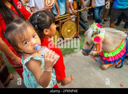 PAI,Nord de la Thaïlande-4 avril 2023: Les familles regardent, comme un cheval, vêtu de la cérémonie de guirlande s'effondre, et est aidé par une femme, qui utilise son grand chapeau Banque D'Images