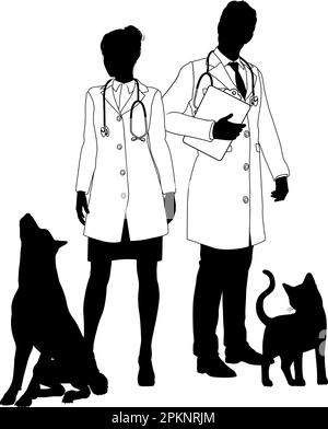 Homme et femme vétérinaires chien et chat animaux Silhouette Illustration de Vecteur