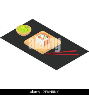 Sushi isométrique sur la planche à découper avec des sauses. Vecteur. Illustration de Vecteur