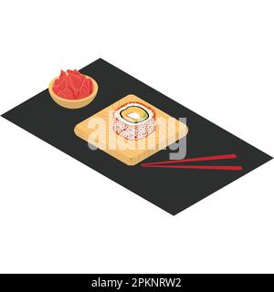 Sushi isométrique sur la planche à découper avec des sauses. Vecteur. Illustration de Vecteur