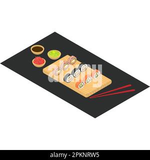 Sushi isométrique sur la planche à découper avec des sauses. Vecteur. Illustration de Vecteur