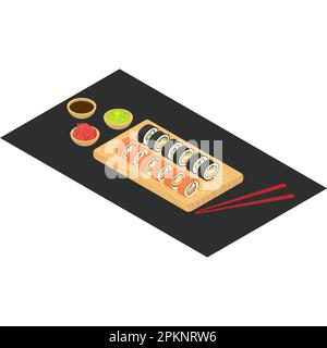 Sushi isométrique sur la planche à découper avec des sauses. Vecteur. Illustration de Vecteur