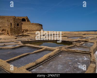 Étangs d'évaporation de sel sur la côte de l'île de Gozo également appelé Salinas, salines, salières utilisées pour les métiers traditionnels de sel. Salins de Mar Banque D'Images