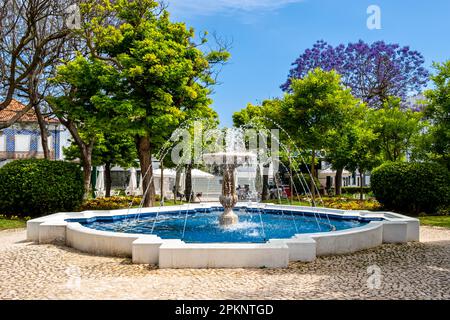 Dans le parc Jardim Primeiro de Dezembro de Portimão, la fontaine fonte do Jardim 1 de Dezembro crée une agréable éclaboussure parmi les fleurs et un café. Banque D'Images