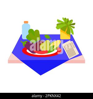 Achats en ligne, livraison de nourriture. Icônes pour exprimer, livraison Accueil. fruits, légumes, eau, journal sur la table. Illustration vectorielle Illustration de Vecteur