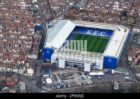 Everton football Club, Goodison Park, Liverpool, nord-ouest de l'Angleterre, depuis les airs Banque D'Images