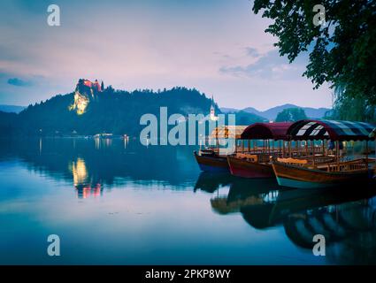 Trois bateaux d'excursion sur le lac célèbre en forme de bavoir avec le château en arrière-plan et l'église de l'île. Destination paisible de vacances relaxantes en Slovénie. Banque D'Images