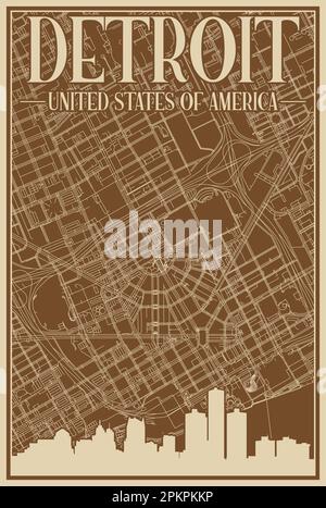 Affiche du réseau routier du centre-ville DE DETROIT, ÉTATS-UNIS D'AMÉRIQUE Illustration de Vecteur