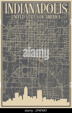 Affiche du réseau routier du centre-ville D'INDIANAPOLIS, ÉTATS-UNIS D'AMÉRIQUE Illustration de Vecteur