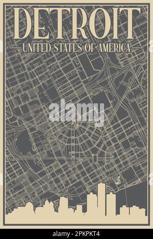Affiche du réseau routier du centre-ville DE DETROIT, ÉTATS-UNIS D'AMÉRIQUE Illustration de Vecteur