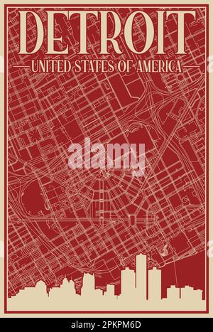 Affiche du réseau routier du centre-ville DE DETROIT, ÉTATS-UNIS D'AMÉRIQUE Illustration de Vecteur