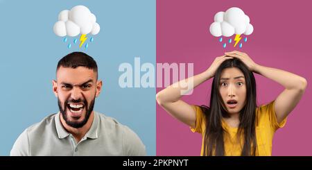Frustré en colère, un jeune arabe excité et surpris une triste femme asiatique avec la foudre, le nuage et la pluie au-dessus de la tête Banque D'Images