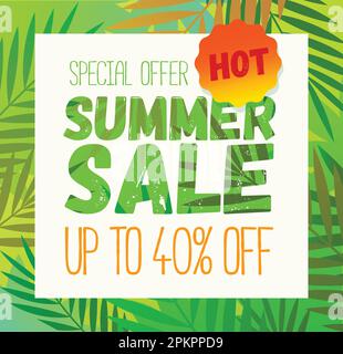 Modèle de bannière promotionnelle pour les soldes d'été. Bannière. Affiche d'arrière-plan d'été vectorielle avec motif feuilles de palmier pour l'impression ou le web. Illustration de Vecteur