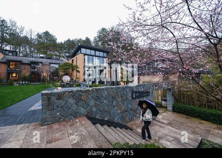 (230409) -- HANGZHOU, 9 avril 2023 (Xinhua) -- Des promenades touristiques près d'une maison dans le village de Qianyuan de la ville de Jiande, province de Zhejiang en Chine orientale, 28 février 2023. En juin 2003, la province de Zhejiang a lancé le projet de démonstration des mille villages et de rénovation des dix mille villages, dans le but de rénover en profondeur dix mille villages administratifs de la province et de construire mille villages clés dans des villages modèles complets. Pendant vingt ans, le projet a créé des milliers de beaux villages et a fondamentalement changé la face du cou de la province Banque D'Images