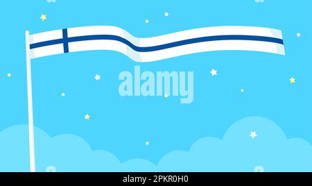 Drapeau de la Finlande qui agite dans le ciel. Simple drapeau finlandais de dessin animé et étoiles sur fond bleu, modèle de bannière. Illustration vectorielle. Illustration de Vecteur