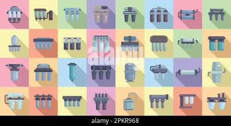 Les icônes du système d'osmose inverse définissent un vecteur plat. Filtre Aqua. Inversion de l'eau Illustration de Vecteur