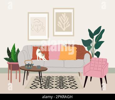 Intérieur du séjour avec mobilier et décor. Illustration de Vecteur
