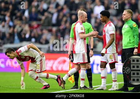 AMSTERDAM - (lr) Francisco Conceicao d'Ajax, Davy Klaassen d'Ajax, Silvano vos d'Ajax lors du match de première ligue néerlandais entre Ajax Amsterdam et Fortuna Sittard à l'arène Johan Cruijff sur 9 avril 2023 à Amsterdam, pays-Bas. ANP OLAF KRAAK Banque D'Images