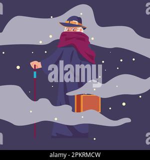 Assistant de dessin animé. Homme en robe et avec canne, valise et chapeau, ciel de nuit avec étoiles et nuages, mascotte magique, sorcier de personne drôle ou alchimiste mystère. Sorcellerie vecteur mignon homme Illustration de Vecteur