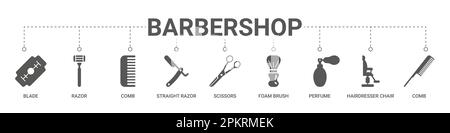 Outils pour barbershop. Salon de beauté avec salon de coiffure pour hommes. Icônes de coupe de cheveux. Accessoires pour cheveux. Bouteille de shampooing. Chaise de salon de coiffure. Ciseaux et rasoir. Coiffure de mode. Brosse en mousse. Symboles d'illustration vectorielle Illustration de Vecteur