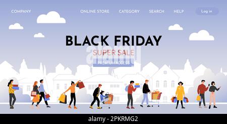 Page d'accueil des achats en ligne. Vendredi noir. Soldes de saison. Les clients marchent avec des sacs d'atelier. Les gens qui font des achats de vêtements. Cadeaux de réduction. Offre spéciale. Modèle d'interface de site Web de conception vectorielle Illustration de Vecteur
