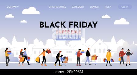 Page d'accueil des achats en ligne. Vendredi noir. Soldes de saison. Les clients marchent avec des sacs d'atelier. Les gens qui font des achats de vêtements. Cadeaux de réduction. Pic. Spéciale Illustration de Vecteur