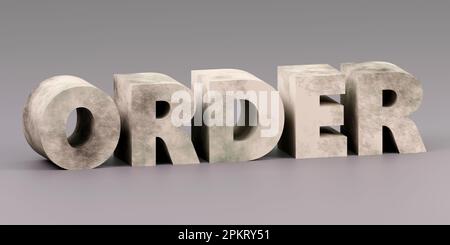 ordre d'inscription en béton sur podium gris, lumière douce, vue de face arrière-plan lisse, rendu 3d Banque D'Images
