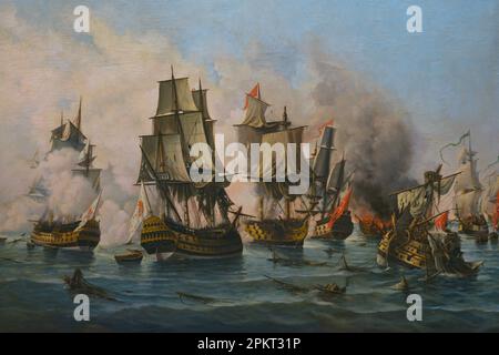 Bataille de Matapan (19th juillet 1717). Combat entre les forces chrétiennes et turques. Huile sur toile. Copie par António José Ramos Ribeiro (1956) après l'original par Joao Dantas en 1892. Huile sur toile. Détails. Musée maritime. Lisbonne, Portugal. Auteur: António José Ramos Ribeiro. SIGLO XX. Banque D'Images