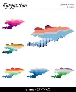 Ensemble de cartes vectorielles du Kirghizistan. Motif vagues vibrantes. Carte lumineuse du pays dans le style géométrique des courbes lisses. Carte du Kirghizistan multicolore pour votre d Illustration de Vecteur