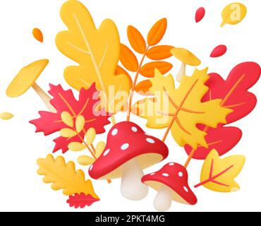 Vibrant automne 3D feuilles composition de champignons. Feuilles jaunes rouges, amanita, éléments vectoriels en chêne et érable. Composition décorative de saison Illustration de Vecteur