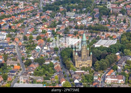 Vue aérienne, St. Église catholique Anthony Basilica dans la ville de Rheine à Rheine, Münsterland, Rhénanie-du-Nord-Westphalie, Allemagne, Münsterland, Lieu de culte, D Banque D'Images