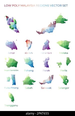 Régions malaisiennes à faible teneur en poly. Carte polygonale de la Malaisie avec les régions. Cartes géométriques pour votre conception. Magnifique illustration vectorielle. Illustration de Vecteur