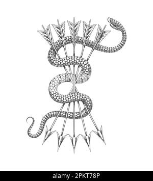 Tatouage de Snake et de Bunch de flèches symbole médiéval ésotérique isolé sur blanc. Illustration vectorielle. Illustration de Vecteur