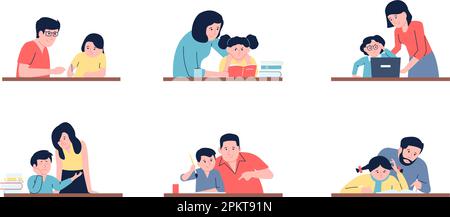 Les parents lisent et soutiennent l'enseignement de l'enfant. Mère ou enseignant, famille faisant les devoirs ensemble. Les adultes expliquent aux enfants, l'éducation vectorielle récente Illustration de Vecteur