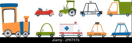 Transport pour enfants, transports en commun, voiture de dessin animé, camions et train. Ambulance et voitures de police, taxi jaune de dessin animé. Le vecteur enfant doodle clipart Illustration de Vecteur