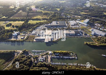 Vue aérienne, zone industrielle Friedrich der Große à l'Herner Meer ainsi que port de plaisance au canal Rhin-Herne dans le quartier Horsthausen à Herne, R Banque D'Images