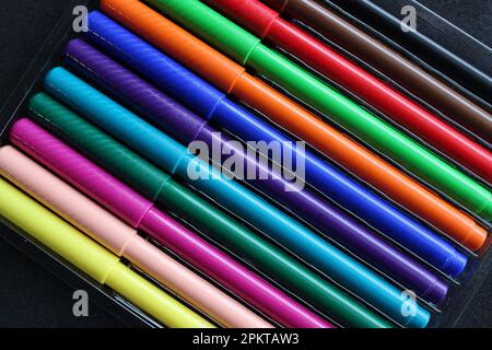Douze stylos-feutres multicolores dans un étui en plastique transparent sur fond noir Banque D'Images