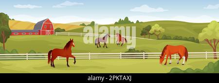 Paysage agricole équin. Ranch équestre cour stable chevaux de course, cheval mangeant de l'herbe sur le champ d'été, pacage de l'étalon purérouge arrière-plan panoramique illustration de vecteur ingénieux de la ferme équestre Illustration de Vecteur