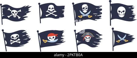 Drapeau Jolly roger. Drapeaux noirs de pirate avec crâne et crossbone emblème volant sur le vent pour les pirates navire de voyage nautique, piratin crânes os logo ensemble ingénieux illustration de vecteur de pirate de drapeau noir Illustration de Vecteur