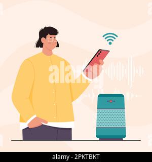 Assistant vocal, illustration vectorielle de la technologie ai. Homme de dessin animé tenant le téléphone mobile pour se connecter avec le haut-parleur intelligent, personne utilisant l'application pour contrôler l'appareil avec le service de commandes virtuelles Illustration de Vecteur