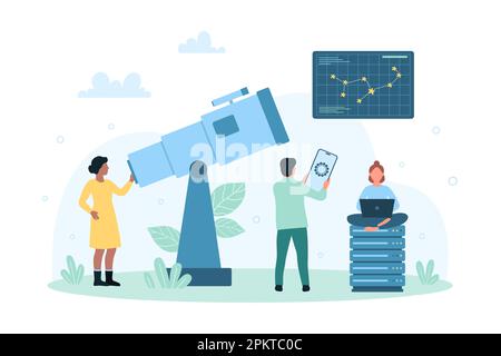 Recherche et étude de l'astronomie science illustration vectorielle. Caricature de minuscules gens regardant avec curiosité la constellation à travers le télescope, observation scientifique du ciel étoilé par les astronomes Illustration de Vecteur