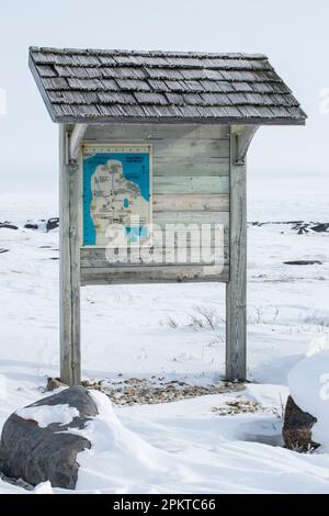 Panneau montrant la carte de Cape Merry à Churchill, Manitoba, Canada Banque D'Images