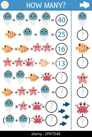 Combien d'animaux aquatiques jeu, équation ou autobus avec. Activité mathématique sous la mer pour les enfants d'école. Feuille de calcul imprimable simple de la durée de vie de l'océan f Illustration de Vecteur