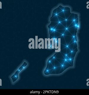 Plan du réseau palestinien. Carte géométrique abstraite du pays. Connexions numériques et conception de télécommunications. Réseau Internet brillant. Illustration de Vecteur
