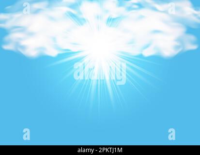 Arrière-plan avec rayons et nuages. Ciel bleu avec soleil, rayons de soleil, lumière. Arrière-plan dynamique avec des rayons vifs émanant d'un po central Illustration de Vecteur